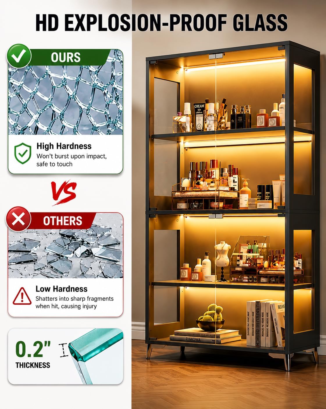 Glass Display Cabinet with Doors, 4-Tier Display Case with Adjustable Shelves, RGB LED Lights with App & Remote Control, Curio Storage Cabinet with Metal Base for Collectibles, Books, Black