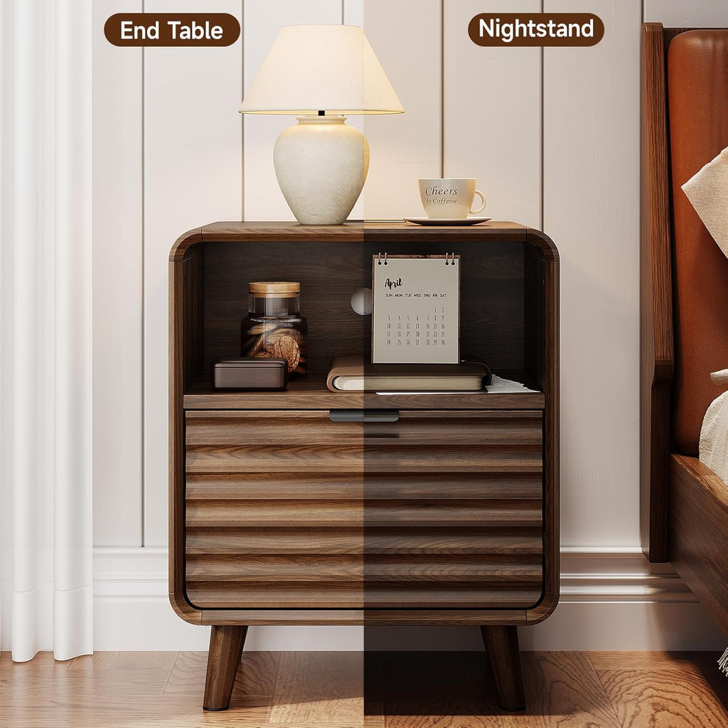 ONBRILL 19.7'' Wide End Table with Charging Station,Fluted Accent Side Table with Drawer & Open Cubby Storage,Mid Century Nightstand for Bedroom,Living Room,Walnut