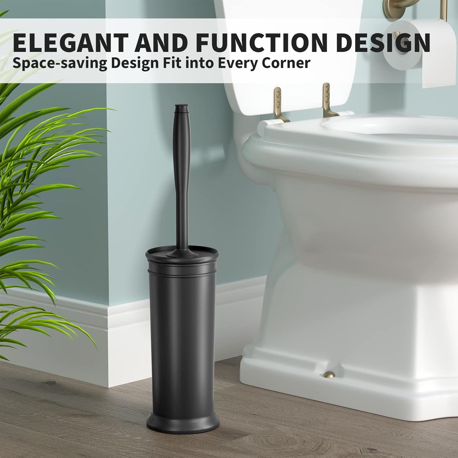 Toilet Brush, Toilet Bowl Brush with Extra Long Handle Durable Bristles Toilet Scrubber and Covered Holder for Toilet Brush Set for Bathroom Cleaning (Black, 1 Set)