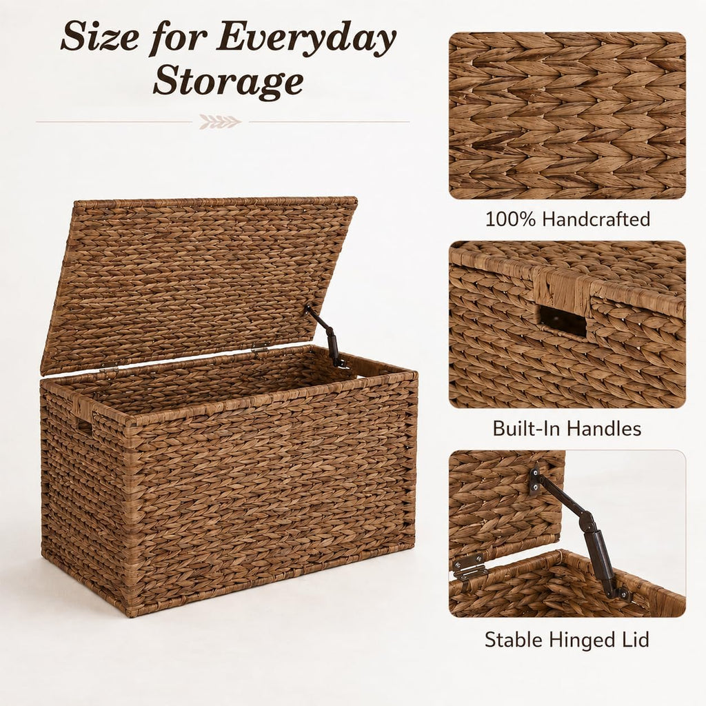 Storage Trunk w/Lid & Handles,Hand-Woven Water Hyacinth Storage Trunk,Wicker Storage Chest, Storage Bench, Wedding Trunk, for Living Room, Bedroom (Brown)