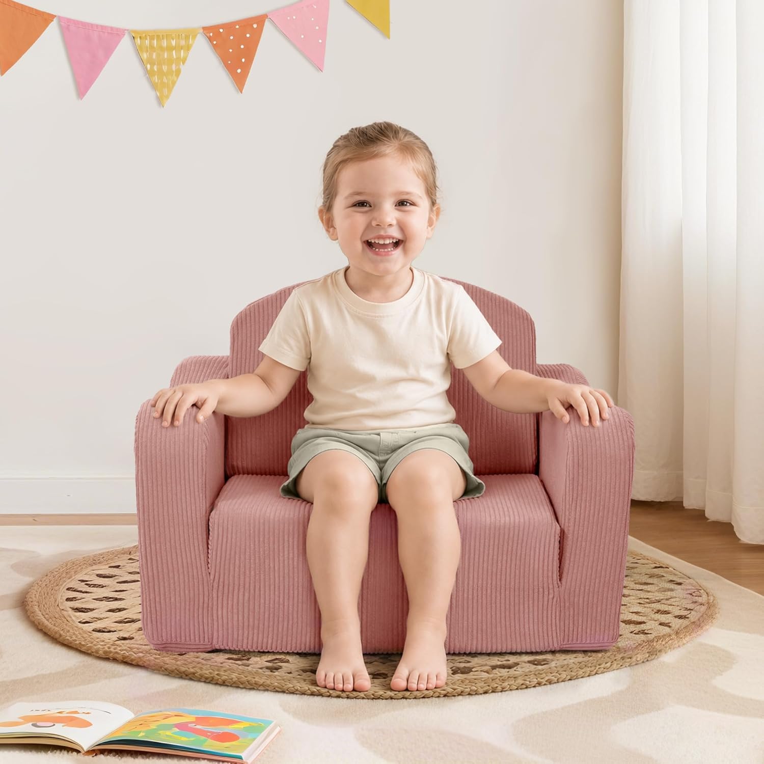Airpanda Comfy Kids Chair and Couch, 2-in-1 Convertible Kids Sofa, Soft Fold-Out Design, Removable Washable Cover,Pink