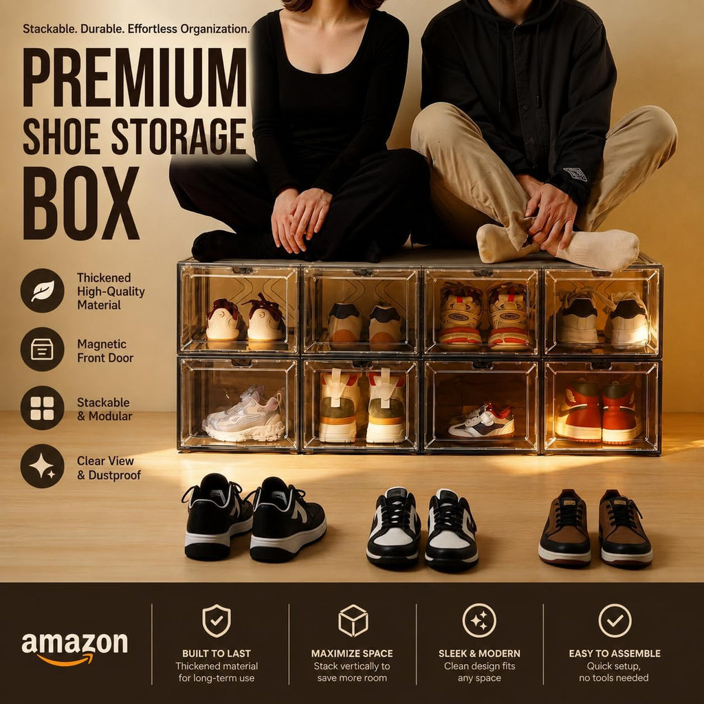 Translucent Black Shoe Storage Box, 2026 2nd Gen Thickened Hard Plastic Stackable Organizer with Magnetic Door, Folding Shoe Rack for Closet, Premium Sneaker Display Case, 1 Pack