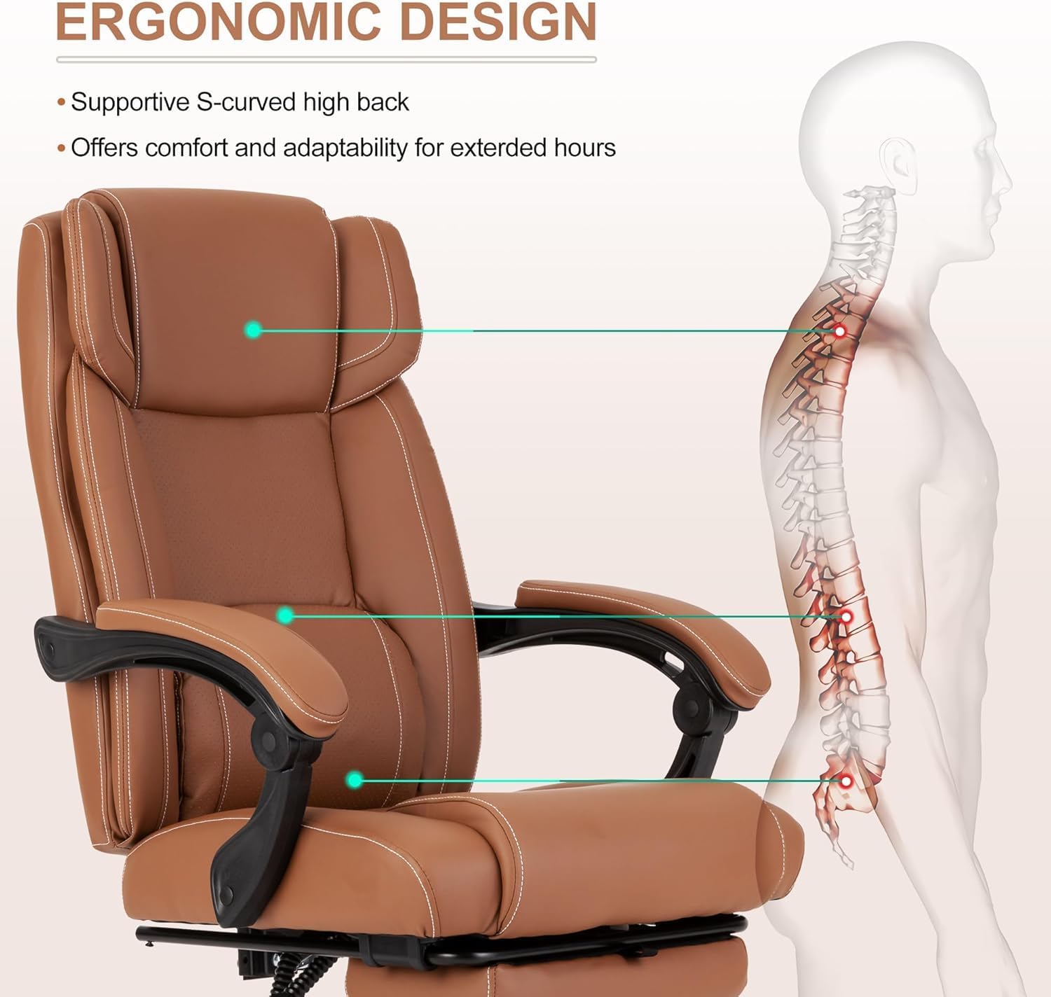 Reclining Office Chair with Footrest,Ergonomic Home Office Desk Computer Chair with Lumbar Support,Thick Executive Leather Chair,90-155° Adjustable (Brown)