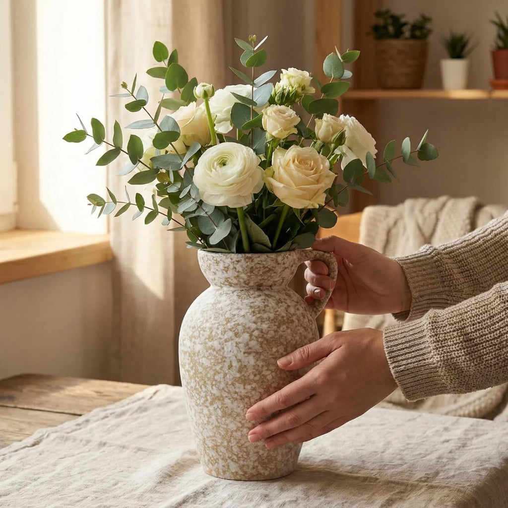 Modern Rustic Farmhouse Ceramic Vase Set of 3, Handmade Speckled Pottery Vases for Table Decor, Small Decorative Vase Centerpiece for Living Room, Mantel & Shelf Styling