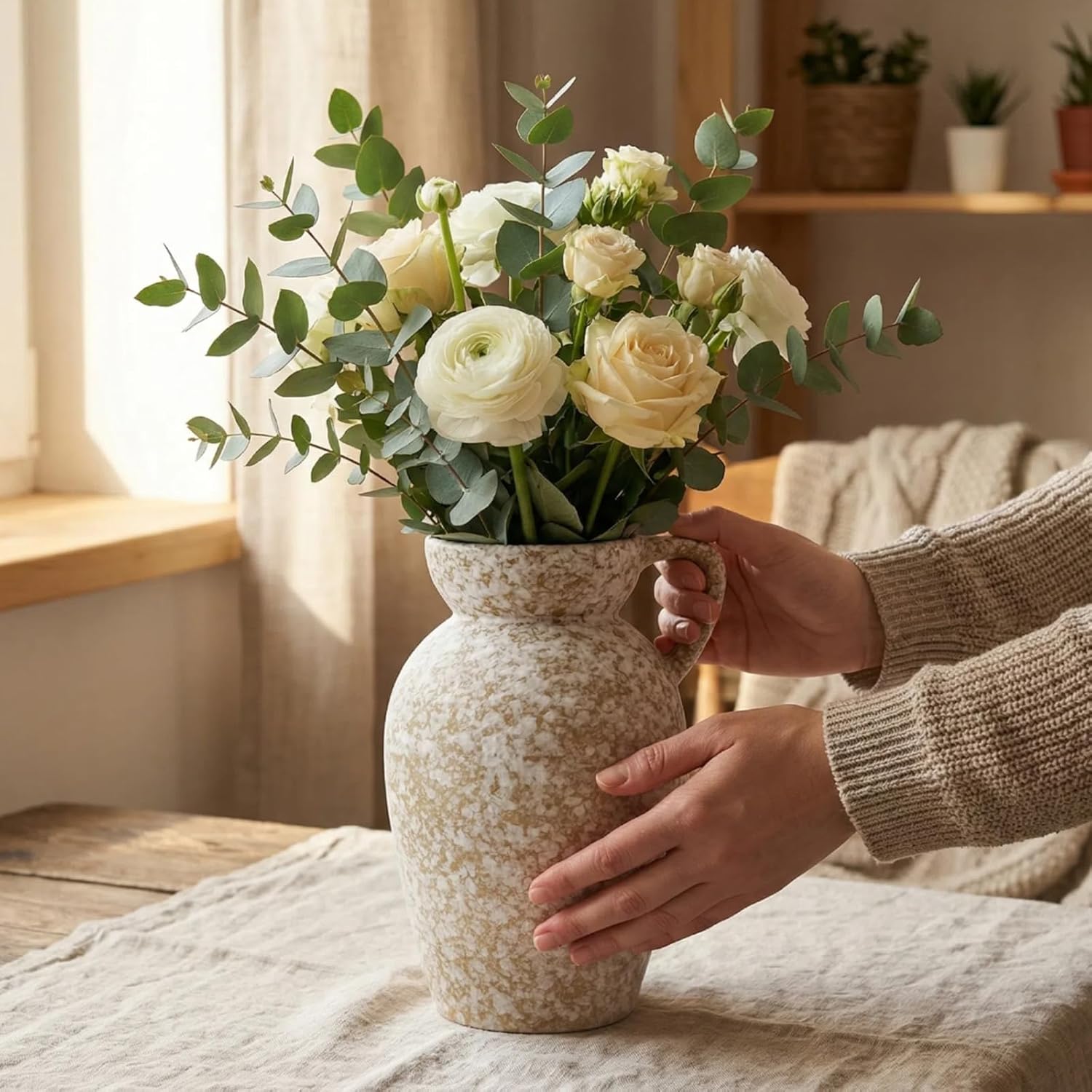 Modern Rustic Farmhouse Ceramic Vase Set of 3, Handmade Speckled Pottery Vases for Table Decor, Small Decorative Vase Centerpiece for Living Room, Mantel & Shelf Styling
