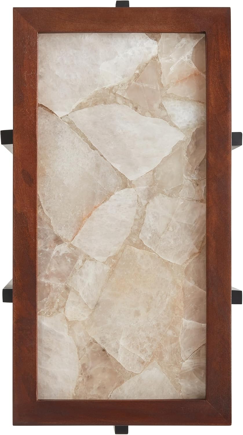 View Point Accent Table with Stone Top, Wood Frame, and Metal Base. Light Smoke.