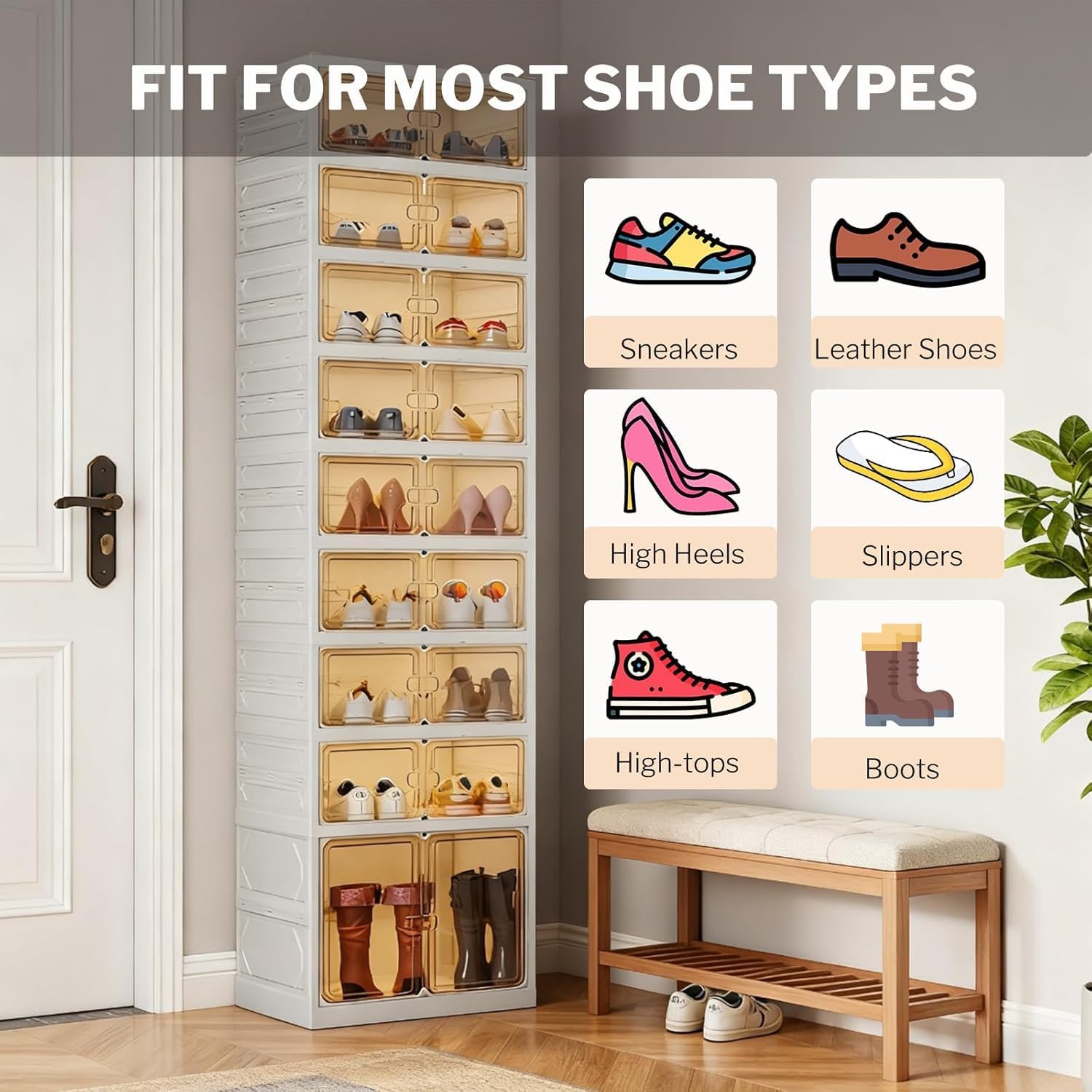 UFORU 9 Tiers 18 Pairs White Foldable Shoe Rack Organizer with Magnetic Doors,Shoe Storage Organizer for Closet Entryway,Large Dust-Proof Shoe Storage Boxes,Easy Assembly Storage