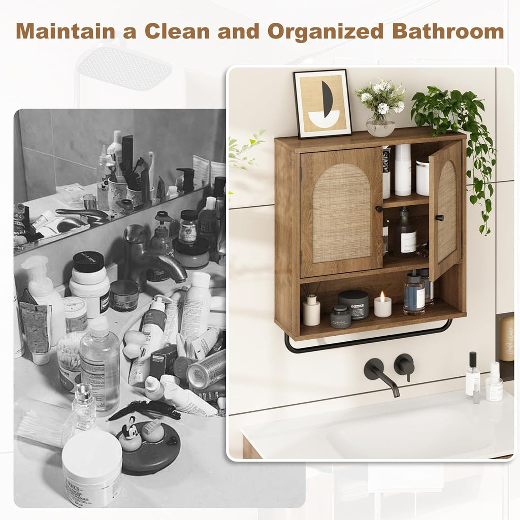 RUSTOWN Rattan Bathroom Wall Cabinet, Boho Medicine Cabinet with 2 Arched Doors, Farmhouse Over the Toilet Storage Cabinets with Adjustable Shelves & Towel Bar, 3-Tier Wall Mounted Cabinets