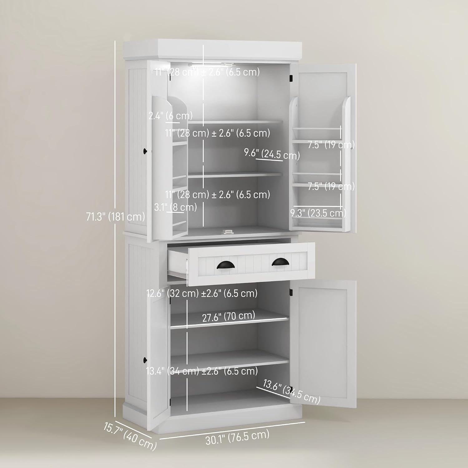 HOMCOM 71" Kitchen Pantry Cabinet with LED Motion Sensor Light, Tall Storage Cabinet with 6 Door Shelves, Drawer & Adjustable Shelves, for Living & Dining Room, White