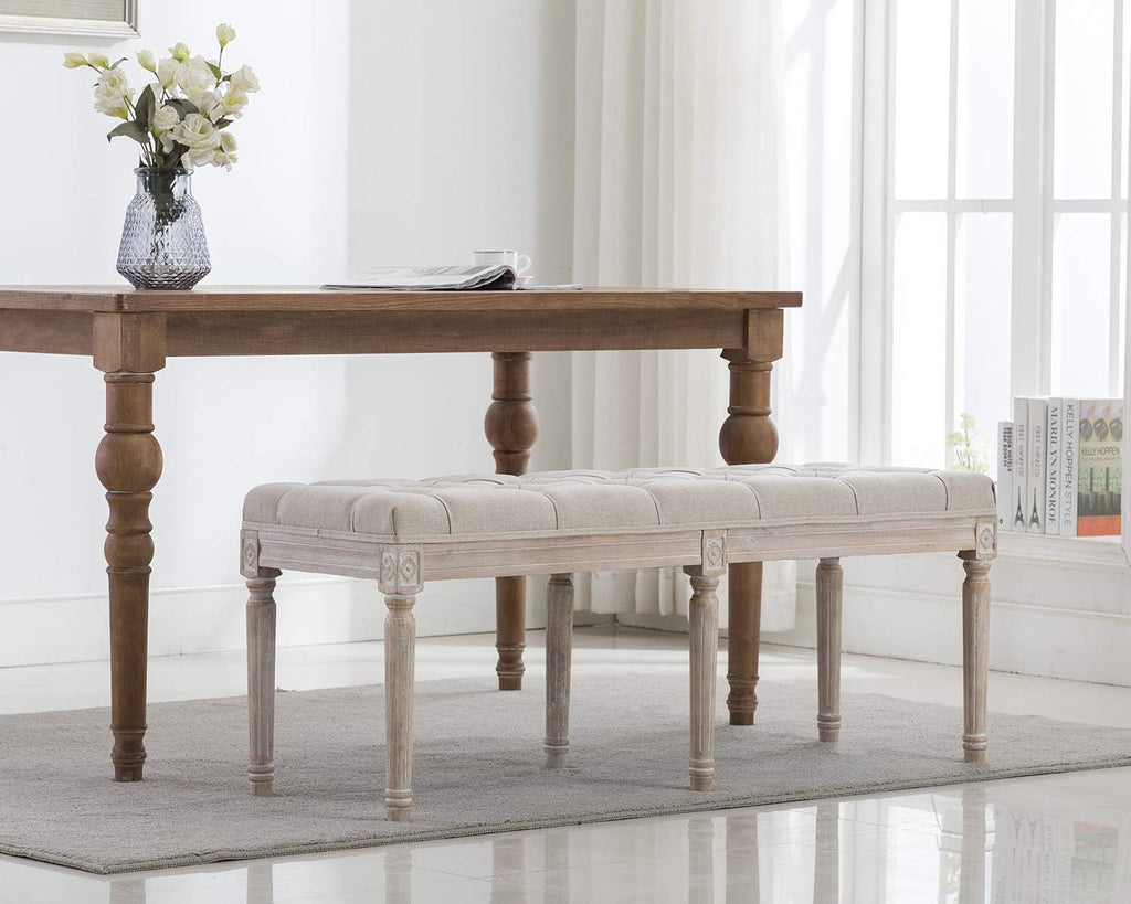 Kmax 45.3" Upholstered Dining Room Bench, Rustic Living Room Ottoman Bench with Carved Pattern & Rustic White Brushed Rubber Wood Legs, Beige