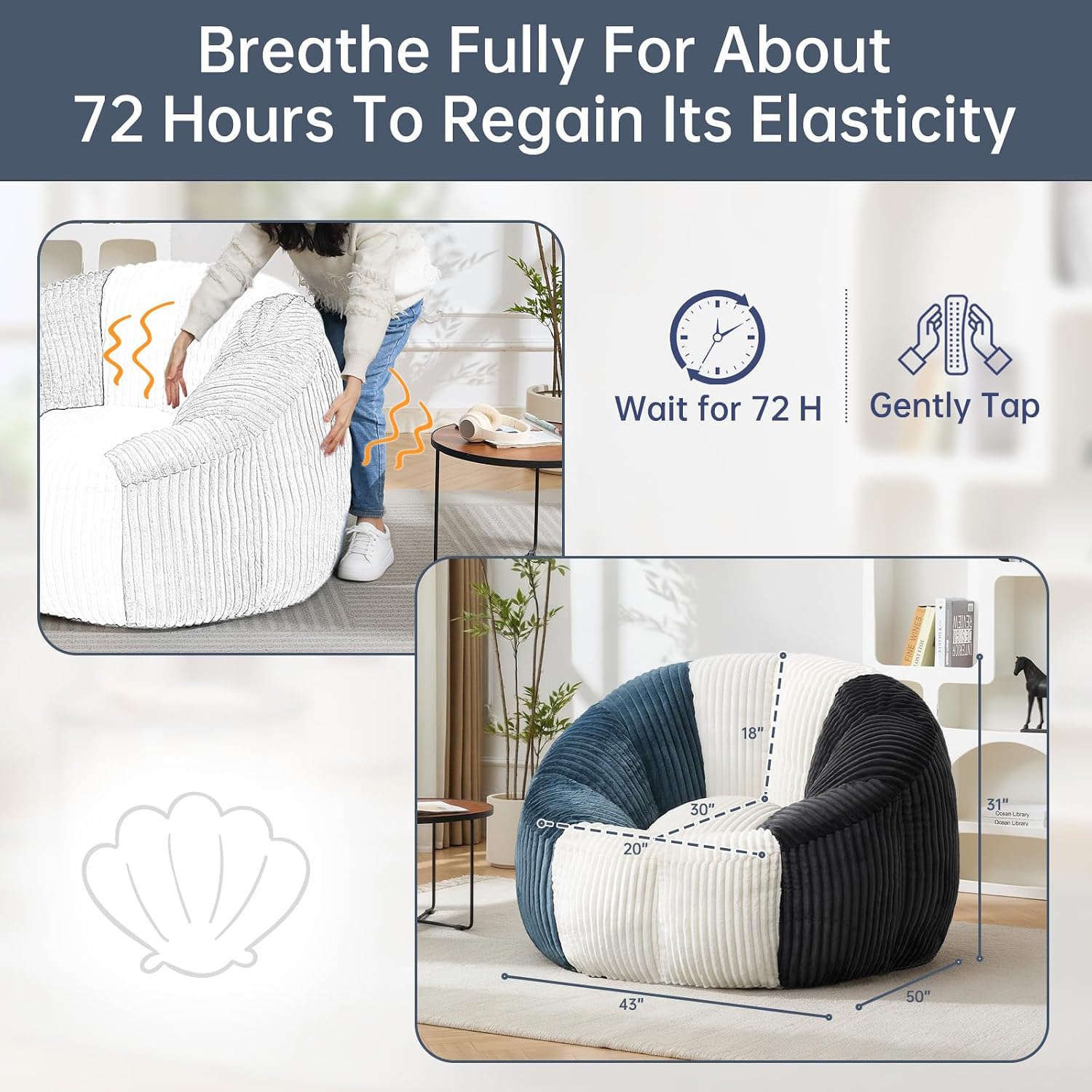 Swivel Giant Bean Bag Chair for Adults, Oversized Corduroy Boneless Chair Plush Round Soft Floor Chair Beanbag Sofa Lounge for Living Room, Bedroom, Game Room, Blue and Grey