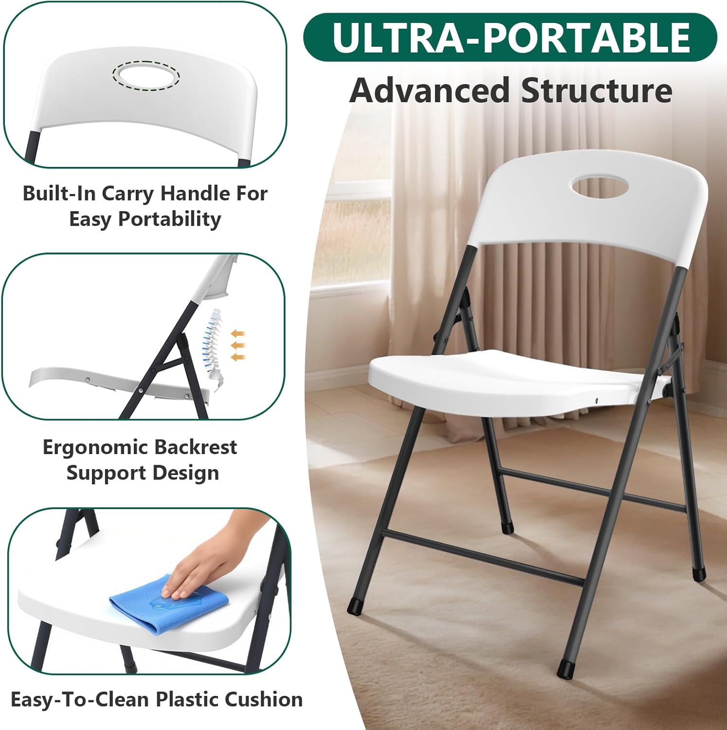 2 Pack White Folding Chair, Plastic Portable Stackable Commercial Seats with Steel Frame 350lb, Heavy Duty Foldable Chair for Indoor and Outdoor, Patio, Office, Picnic, Kitchen, Events
