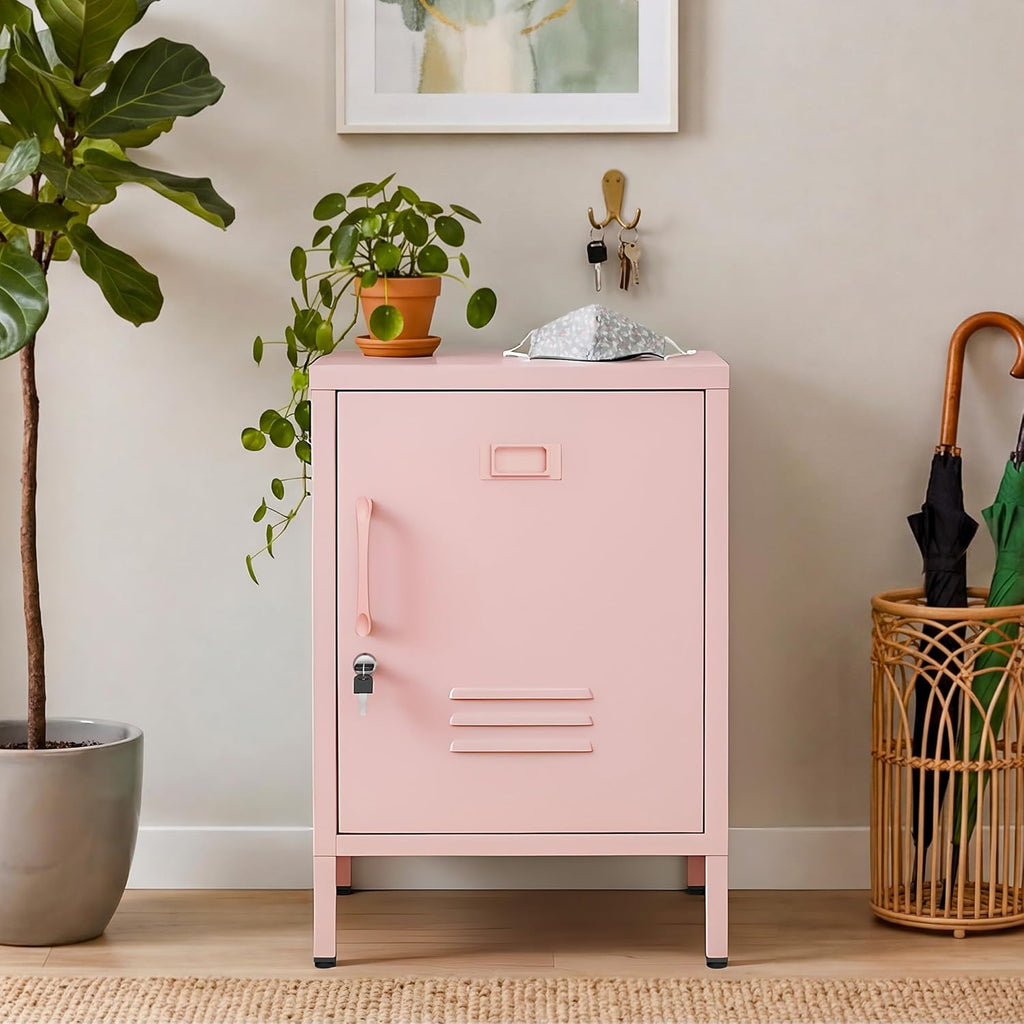 Lockable Metal Nightstand with Door, Industrial Storage Locker End Table, Small Bedside Table for Bedroom Living Room Dorm, Pink