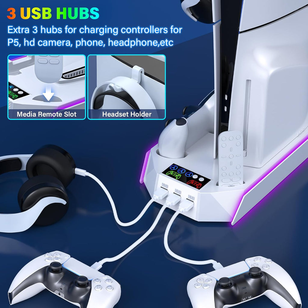 PS5/PS5-Slim-Cooling-Station-with-Controller-Charging-Station for Playstation 5 Console Disc/Digital, LED Light Cooling Stand with Cooler Fan for PS5 Accessories with 3 USB Hubs/Headset Holder
