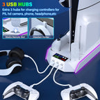 PS5/PS5-Slim-Cooling-Station-with-Controller-Charging-Station for Playstation 5 Console Disc/Digital, LED Light Cooling Stand with Cooler Fan for PS5 Accessories with 3 USB Hubs/Headset Holder