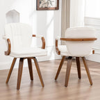 Swivel Dining Chairs Mid Century Modern White Faux Leather Upholstered Kitchen Chairs with Bentwood Frame Armrests Side Chairs,Comfortable Ergonomic Wood Accent Chair No Wheels,1PCS