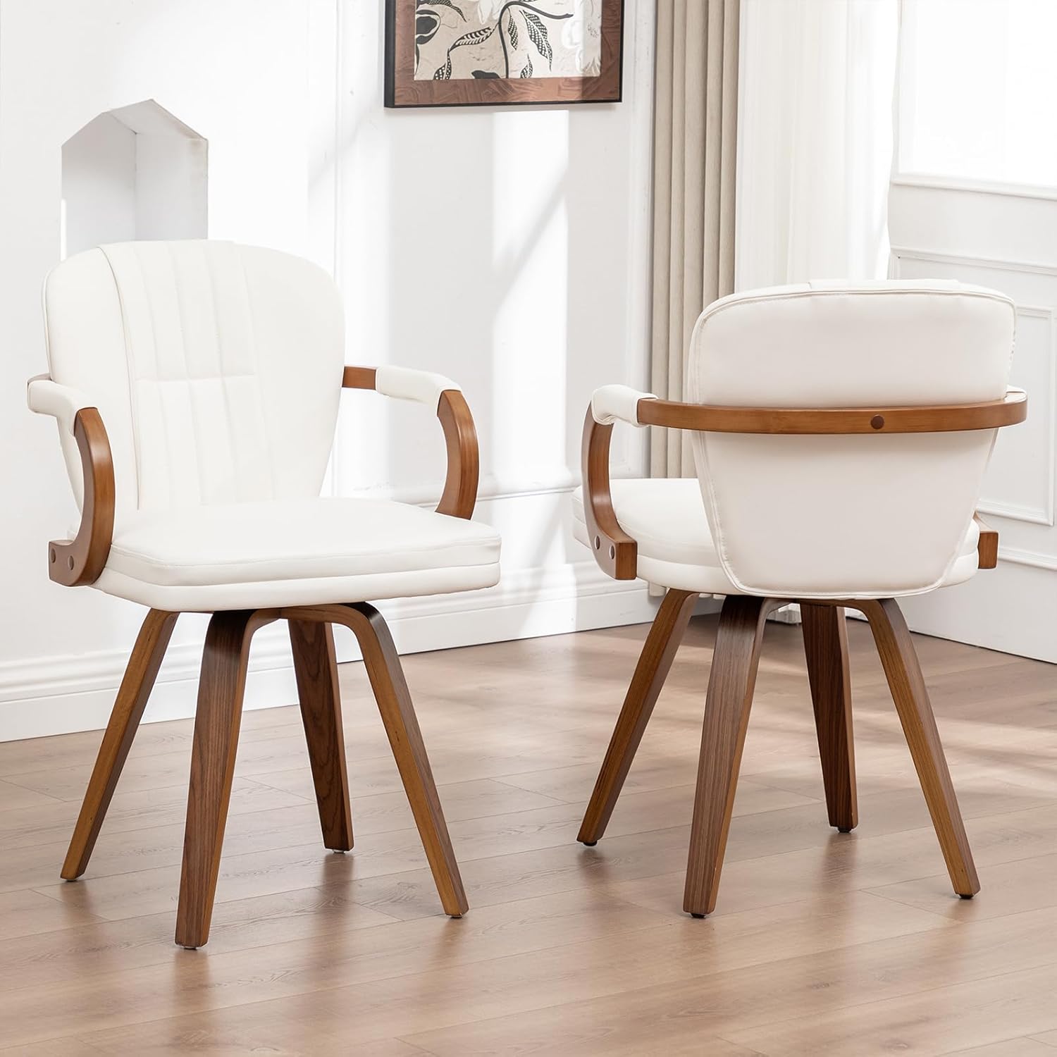 Swivel Dining Chairs Mid Century Modern White Faux Leather Upholstered Kitchen Chairs with Bentwood Frame Armrests Side Chairs,Comfortable Ergonomic Wood Accent Chair No Wheels,1PCS