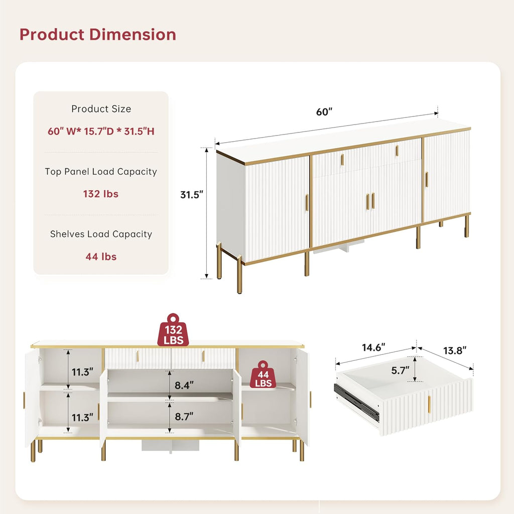 60" Modern Kitchen Buffet Cabinet, Buffets & Sideboard with Storage, Adjustable Shelves, Fluted Doors, Accent Cabinet with Drawers for Kitchen, Living Room, Hallway, White