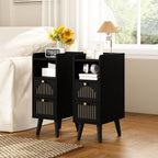 Wnutress 9.3" Narrow Nightstand with 2 Drawer, Fluted Wood End Table with Open Shelf, Boho Skinny Bedside Table for Bedroom, Living Room, Set of 2, Black