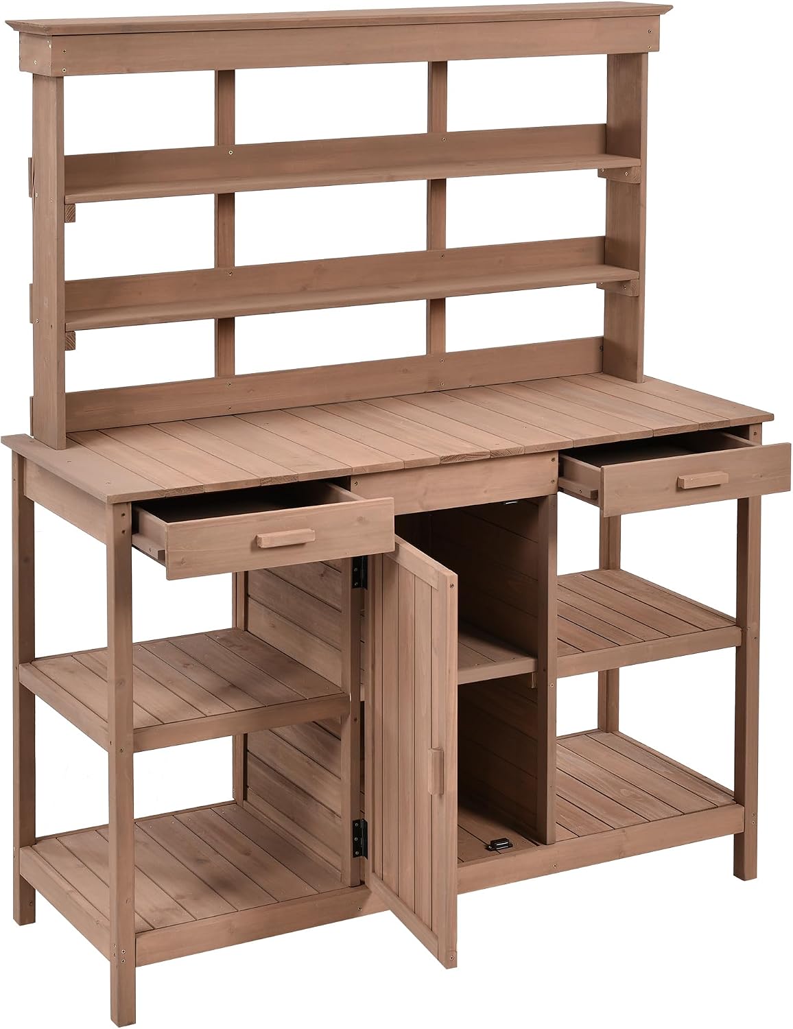Polibi Potting Bench Table with 4 Open Shelves and 2 Drawers, 66" Large Farmhouse Wooden Outdoor Patio Workstation, Garden Potting Bench with Cabinet for Backyard, Mudroom (Brown, 66'')