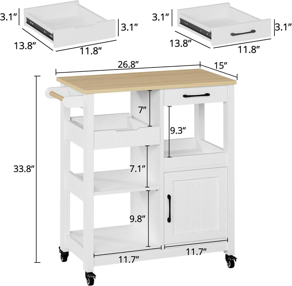 IRONCK Kitchen Island with Storage, Rolling Kitchen Island on Wheels, Kitchen Cart with Cabinet, Open Shelves, Drawer for Home,White and Natural