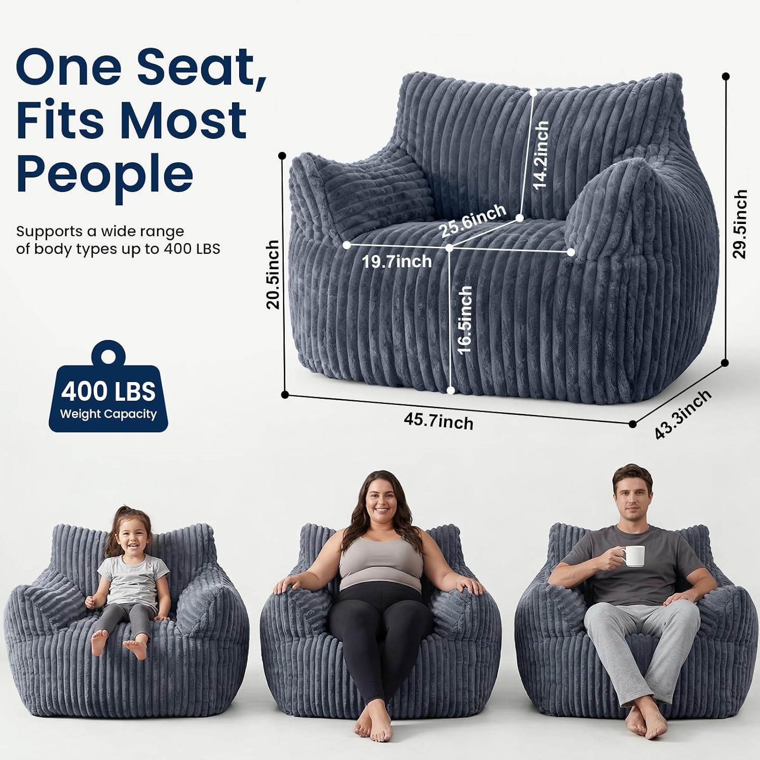 Giant Bean Bag Chair for Adults, Fluffy Supportive Boneless Lounge Sofa Chair, Superior Large Reading Floor Stuffed Sofa Bed, Oversized Accent Comfy Couch for Living Room, Bedroom, Study, Dorm (Grey)