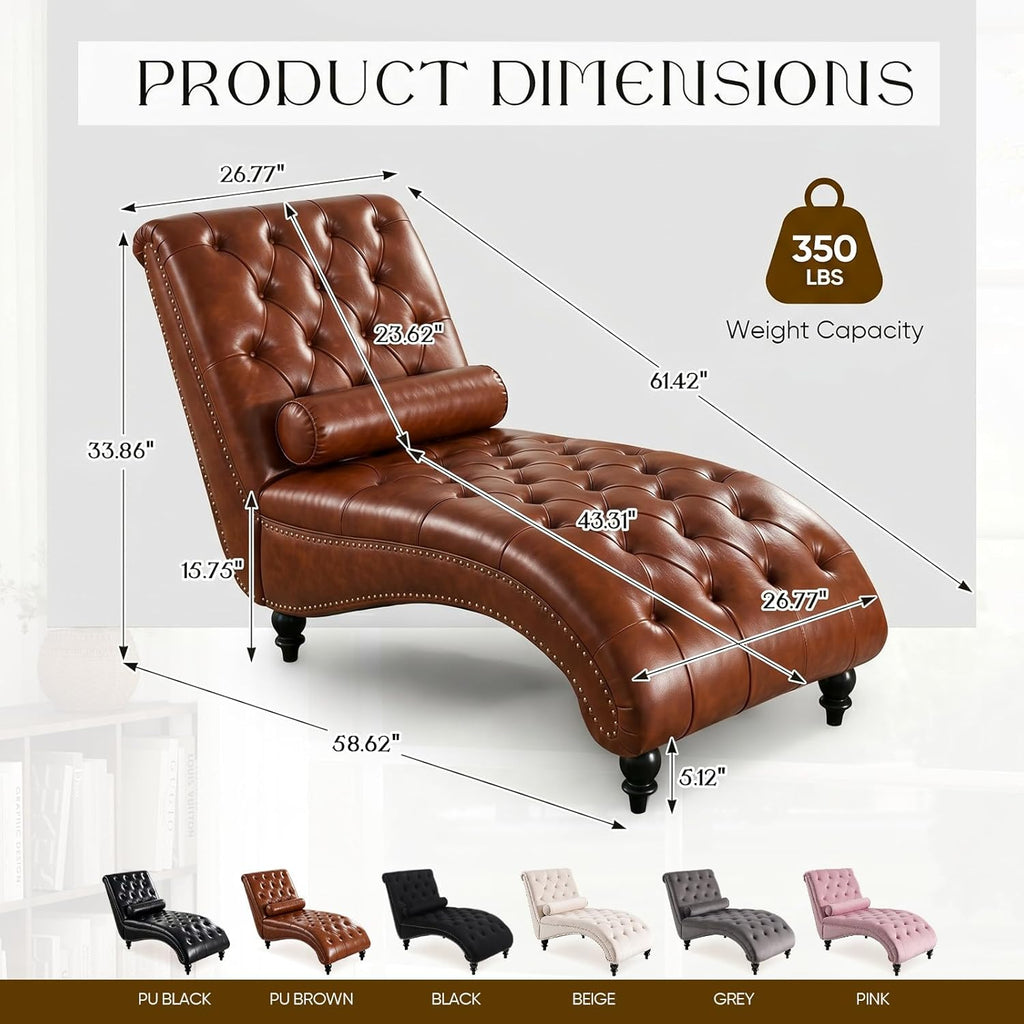 Faux Leather Chaise Lounge Indoor with Toss Pillow, Modern Chaise Lounge Chair, Upholstered PU Armless Ergonomic Chairs with Tufted Buttons and Nail Heads for Living Room, Bedroom Furniture, Brown