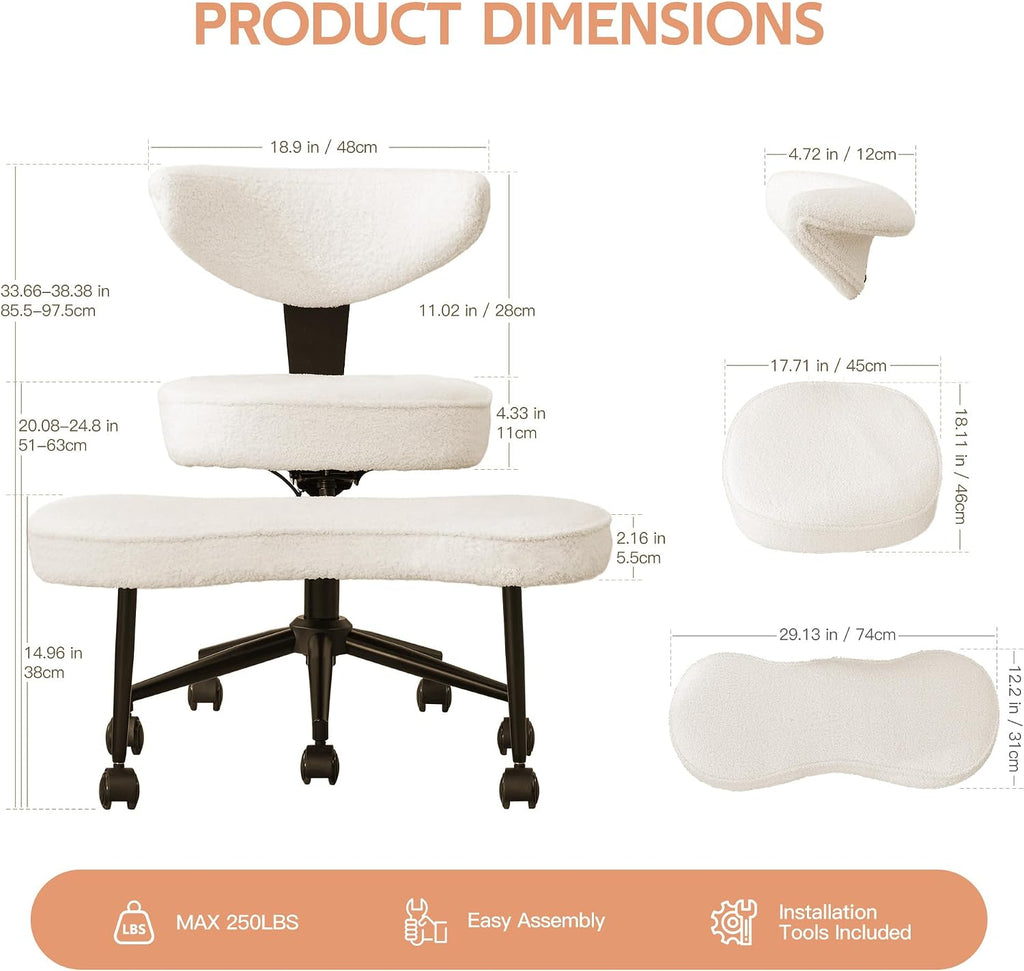 Ergonomic Kneeling Chair with Wheels, Cross Legged Office Chair with High Lumbar Support, 360° Swivel Meditation Chair for ADHD & Yoga, Wide Criss Cross Chair for Home