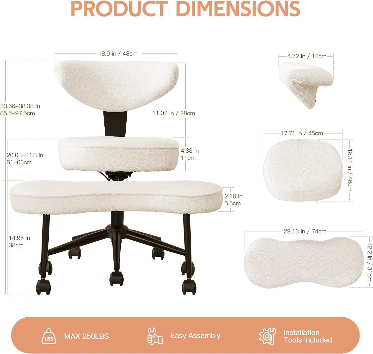 Ergonomic Kneeling Chair with Wheels, Cross Legged Office Chair with High Lumbar Support, 360° Swivel Meditation Chair for ADHD & Yoga, Wide Criss Cross Chair for Home