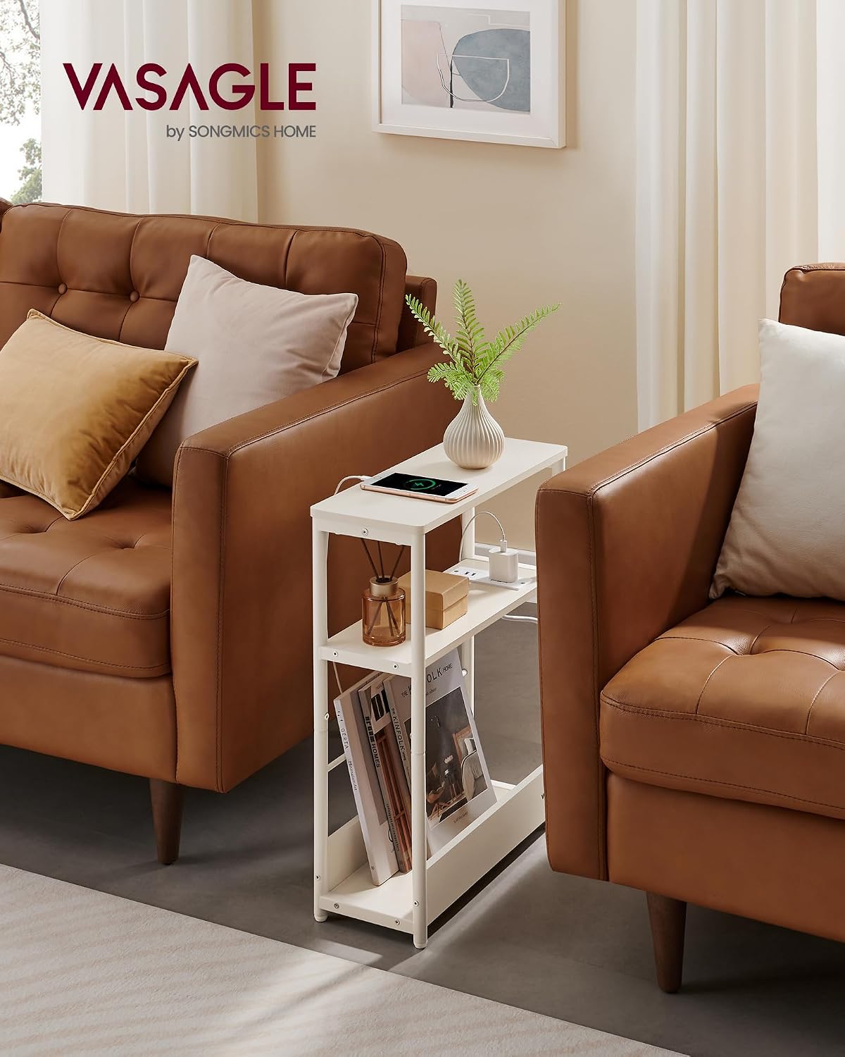 VASAGLE Side Tables with Charging Station, Set of 2 Narrow End Tables, 3-Tier Nightstands, Sofa Tables for Small Spaces, for Living Room, Bedroom, Study, Cream White ULCT664W01