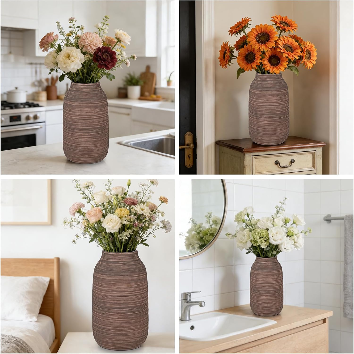 Briful Ceramic Vase for Home Decor, Rustic Brown Textured Decorative Vase for Pampas Grass, Modern Farmhouse Vase for Living Room Coffee Table, Dining Table Centerpiece, Entryway & Shelf (9.8” Tall)