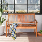 COSTWAY Wooden Bench Outdoor, Curved Armrest & Backrest, Sturdy Outdoor Wood Bench for Garden, Park & Porch, 25" D x 50" W x 36" H, Teak Colored