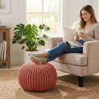 Poona Handcrafted Modern Cotton Pouf, Coral, Soft Upholstered Ottoman with Tassels, Boho Floor Seating for Living Room Bedroom and Nursery