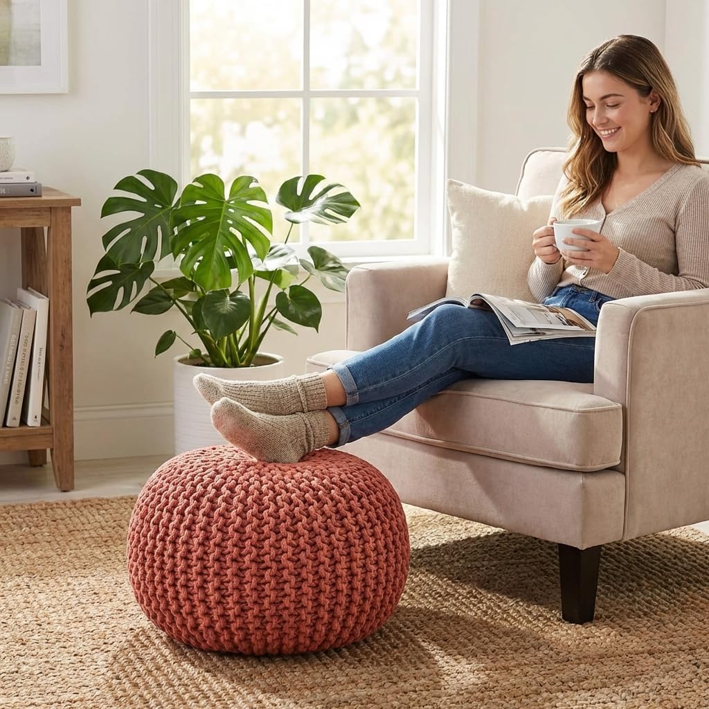 Poona Handcrafted Modern Cotton Pouf, Coral, Soft Upholstered Ottoman with Tassels, Boho Floor Seating for Living Room Bedroom and Nursery