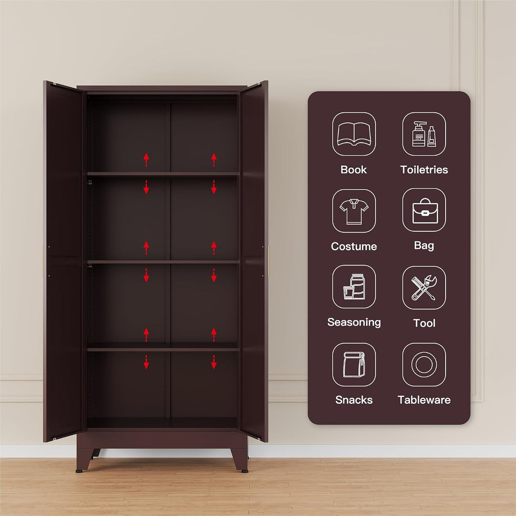 Washsemba 61" Tall Farmhouse Metal Pantry Cabinet, Kitchen Pantry Storage Cabinets with 2 Barn Door and Adjustable Shelves,for Kitchen,Laundry Room,Home Office,Kids Room （Burgundy）