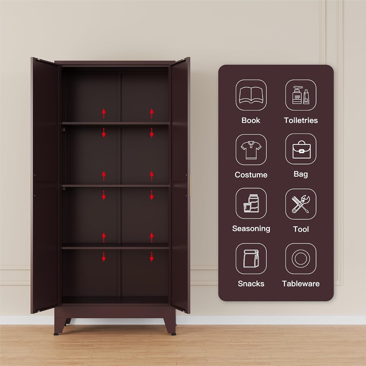Washsemba 61" Tall Farmhouse Metal Pantry Cabinet, Kitchen Pantry Storage Cabinets with 2 Barn Door and Adjustable Shelves,for Kitchen,Laundry Room,Home Office,Kids Room （Burgundy）