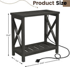 Hadulcet Farmhouse Side Table with Charging Station - Narrow Bedside Table for Small Space, Slim End Table, Rustic X-Design Nightstand for Living Room, Bedroom, Classic Black