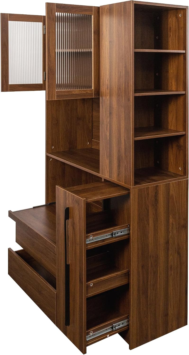 70.87" Tall Kitchen Pantry Cabinet with Pull-Out Storage Shelf and 4-Tier Side Shelf, 2 Drawers, Freestanding Food Hutch with Microwave Stand and Glass Door, Coffee Bar Storage Cabinet, Walnut
