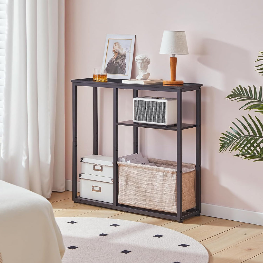 HOOBRO Narrow Console Table with Storage Basket, 29.5" Small Entryway Table with 3-Tier Storage Shelves, Behind Couch Sofa Table, Hallway Table for Living Room, Black and Beige BB60XG01