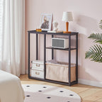 HOOBRO Narrow Console Table with Storage Basket, 29.5" Small Entryway Table with 3-Tier Storage Shelves, Behind Couch Sofa Table, Hallway Table for Living Room, Black and Beige BB60XG01