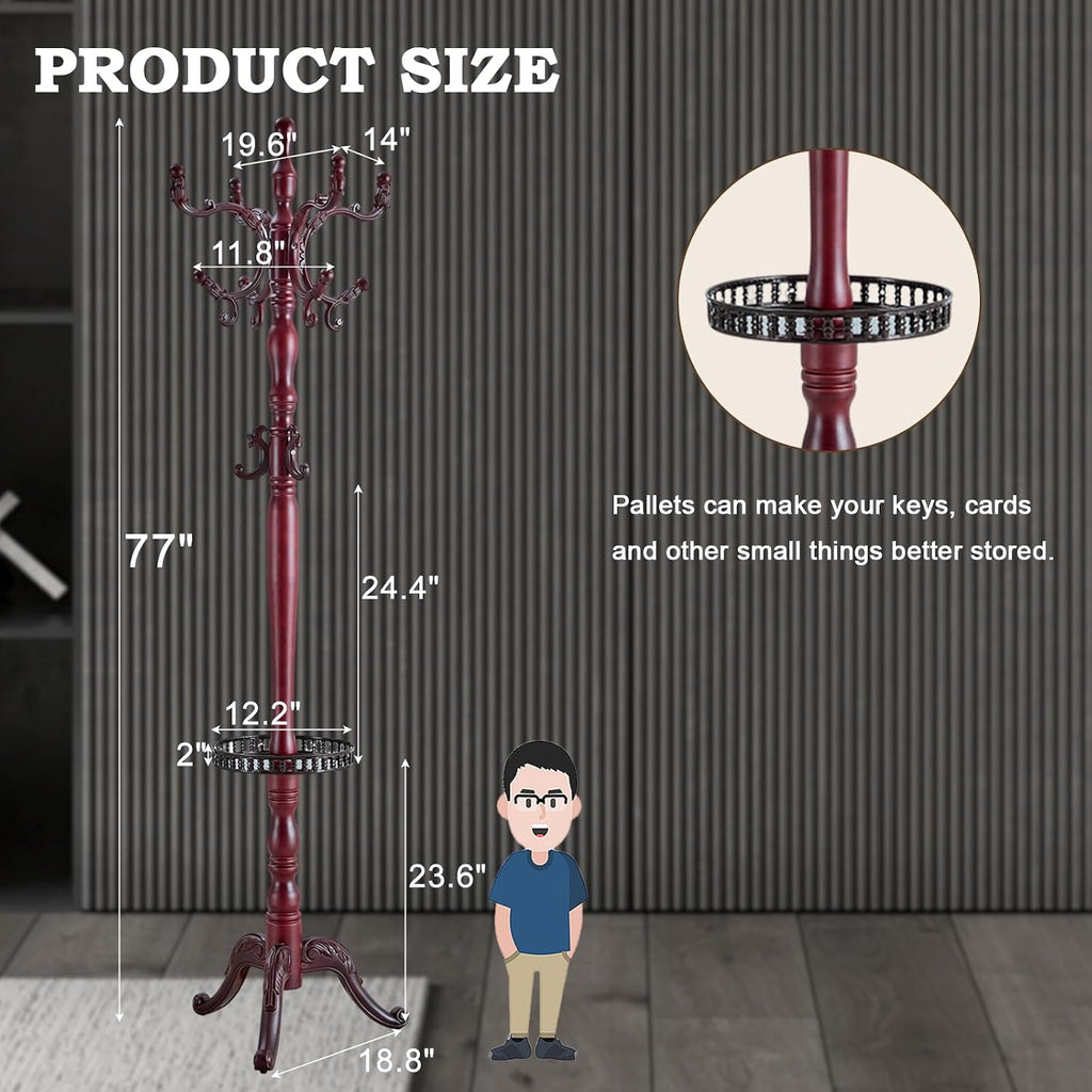 Coat Racks FreeStanding with 14 Hooks, Natural Wood Coat Rack with Solid Round Base, Adjustable Height Coat Racks, Easy Assembly for Hallway, Bedroom and Office (Reddish brown-Tray)