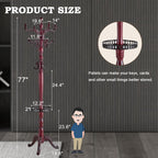 Coat Racks FreeStanding with 14 Hooks, Natural Wood Coat Rack with Solid Round Base, Adjustable Height Coat Racks, Easy Assembly for Hallway, Bedroom and Office (Reddish brown-Tray)
