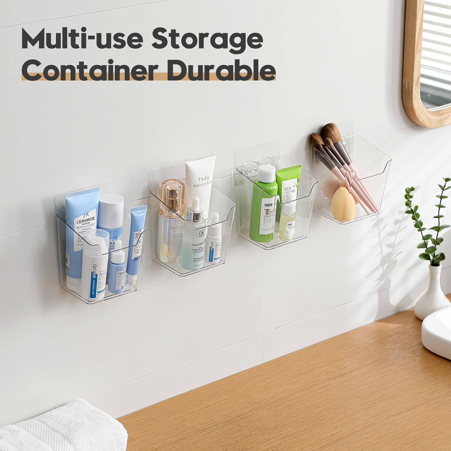 Clear Cabinet Door Organizer Bathroom, 4 Pack Hanging Makeup Storage Brush Holder, Adhesive Storage Bin Versatile Vertical Wall Mount Caddy for Pantry Office Kids' Room Small Items Organization