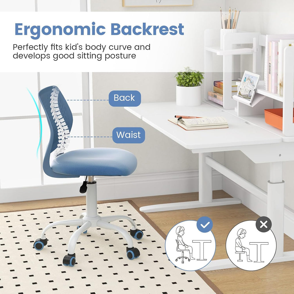 Giantex Modern Kids Desk Chair, Armless Study Chair with Adjustable Height, Ergonomic Office Chair with Wheels, Rolling Swivel Mesh Task Desk Chair for Girls Boys Teens, Blue