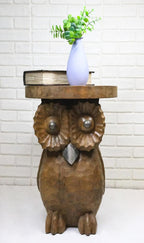 Ebros Gift Hand Carved Whimsical Wise Owl Round Top Sculptural Side Table Made of Mango Wood 18" Tall Home Office Decor Furniture