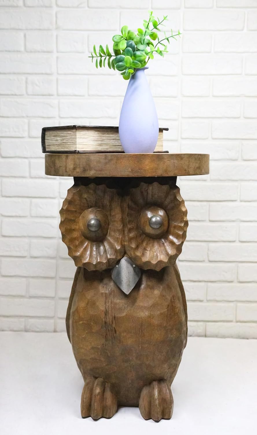 Ebros Gift Hand Carved Whimsical Wise Owl Round Top Sculptural Side Table Made of Mango Wood 18" Tall Home Office Decor Furniture