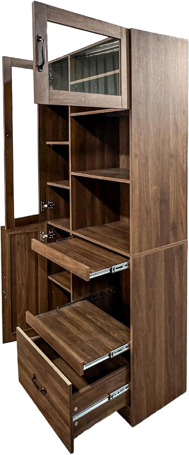 KEIKI 70.87" H Tall Kitchen Pantry Storage Cabinet with Countertop, Glass Doors, Drawers, Microwave Stand & Pull-Out Shelf, Freestanding Wood Hutch Food Pantries Cupboard for Coffee Bar, Dining Room