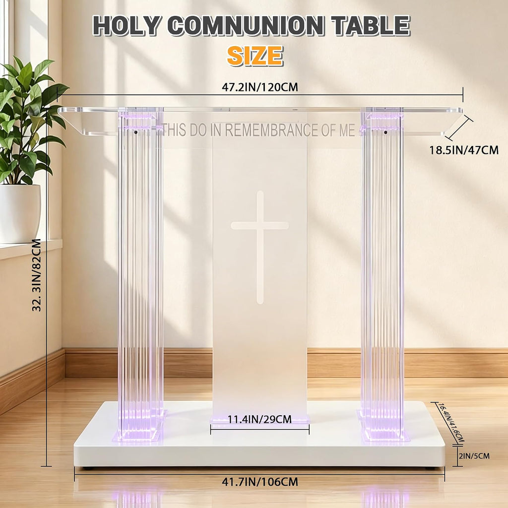 Clear Acrylic Holy Communion Table, Church Altar Table with LED Color Changing Lights & Remote Control, Mobile Worship Table with 4 Swivel Casters , Engraved Cross & Scripture for Church & Home Use