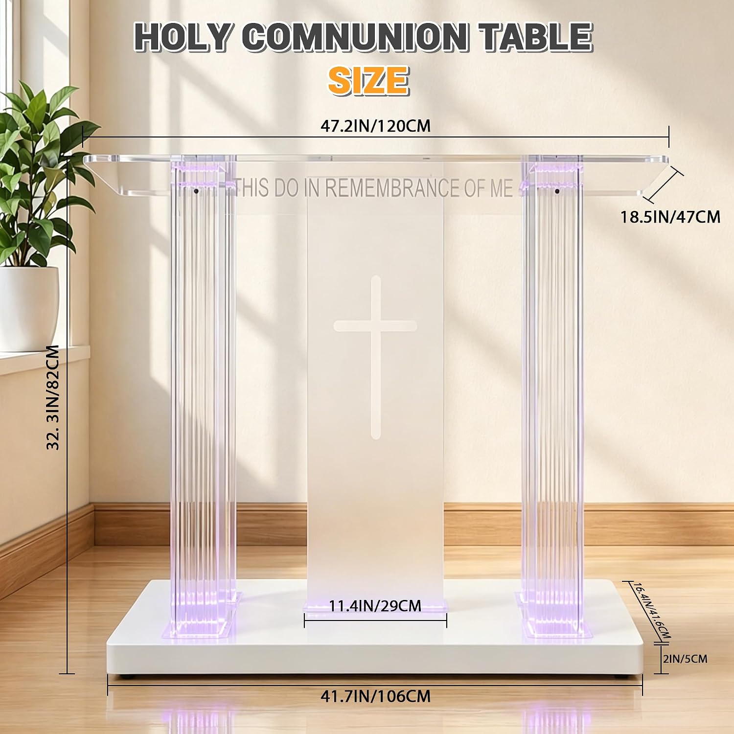 Clear Acrylic Holy Communion Table, Church Altar Table with LED Color Changing Lights & Remote Control, Mobile Worship Table with 4 Swivel Casters , Engraved Cross & Scripture for Church & Home Use