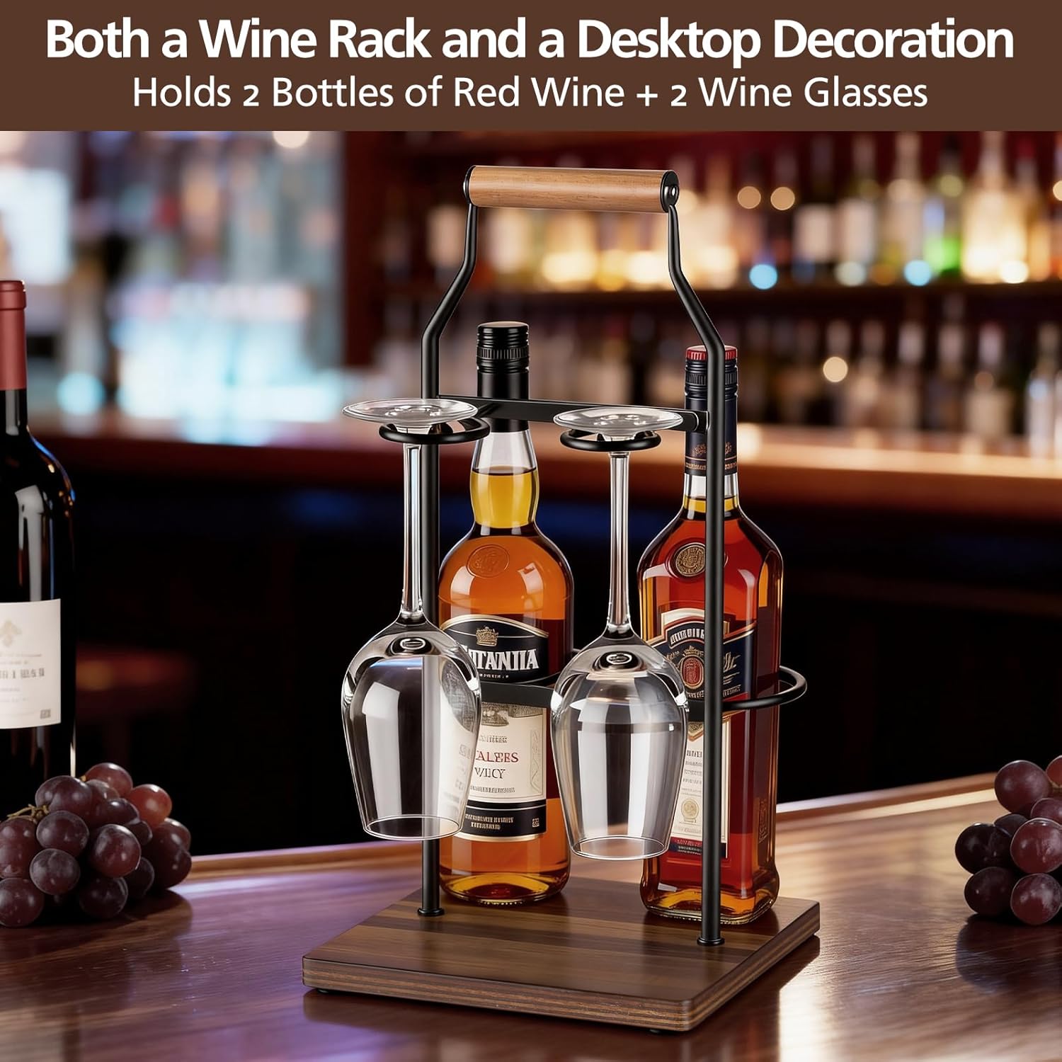 Desktop Wine Rack, 2-Bottle Holder with Dual Glass Holder, Wine Storage Racks, Suitable for Various Home Decor Styles, Ideal for Home, Bar, Couple Gathering, Wine Cabinet, and Dining Room, Black